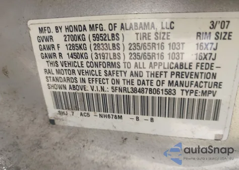 2007 Honda Odyssey Ex from USA, damaged, VIN 5FNRL38487B061583
